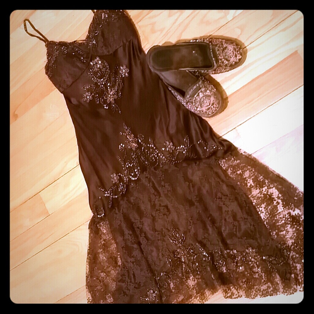 Beaded lace chocolate brown silk evening gown